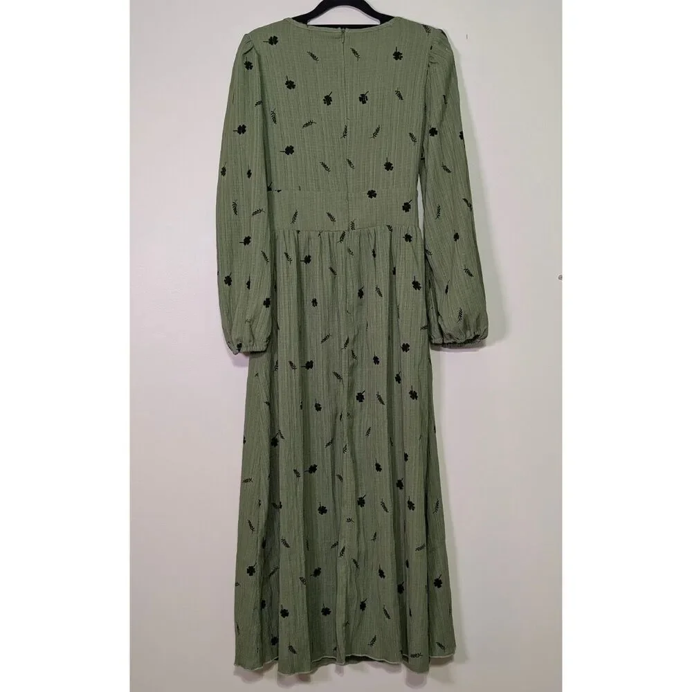 Sage Green Botanical Maxi Dress Corset Waist Cottagecore Small - Picture 3 of 6